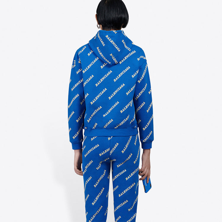 (WMNS) Balenciaga Full Print Alphabet Logo hooded Drawstring Hoodie Blue 612959TIV715011 #
