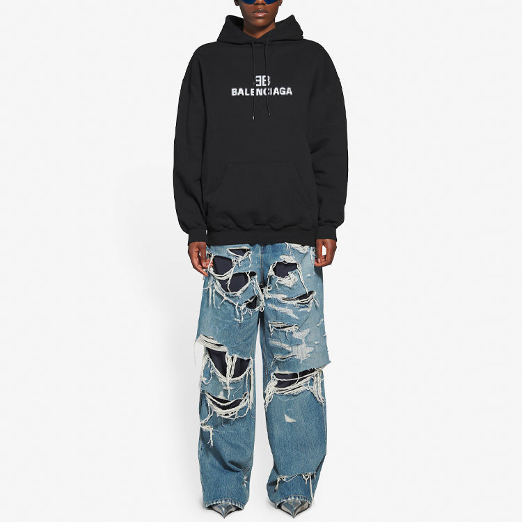 (WMNS) Balenciaga Bb Pixel Fleece Drawstring hooded Long Sleeves Hoodie Black 578135TKVI81070 #