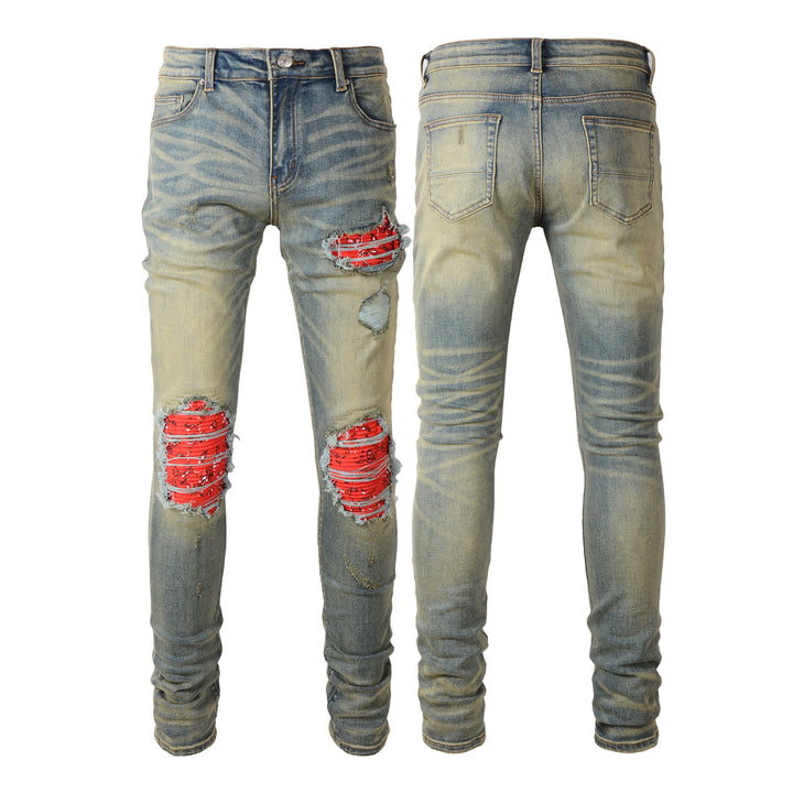 Hot Sale Amiri Jeans Men Denim Skinny Red Patch Distressed