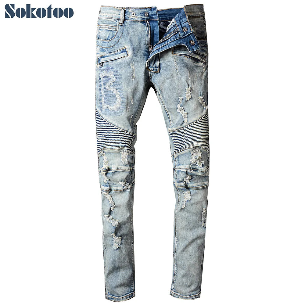 Sokotoo Men's vintage light blue stretch denim slim pants