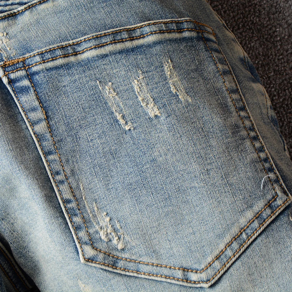 Sokotoo Men's vintage light blue stretch denim slim pants