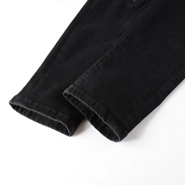 Men Jeans Streetwear Skinny Tapered Stretch Denim Pants Ripped Patchwork Black Trousers
