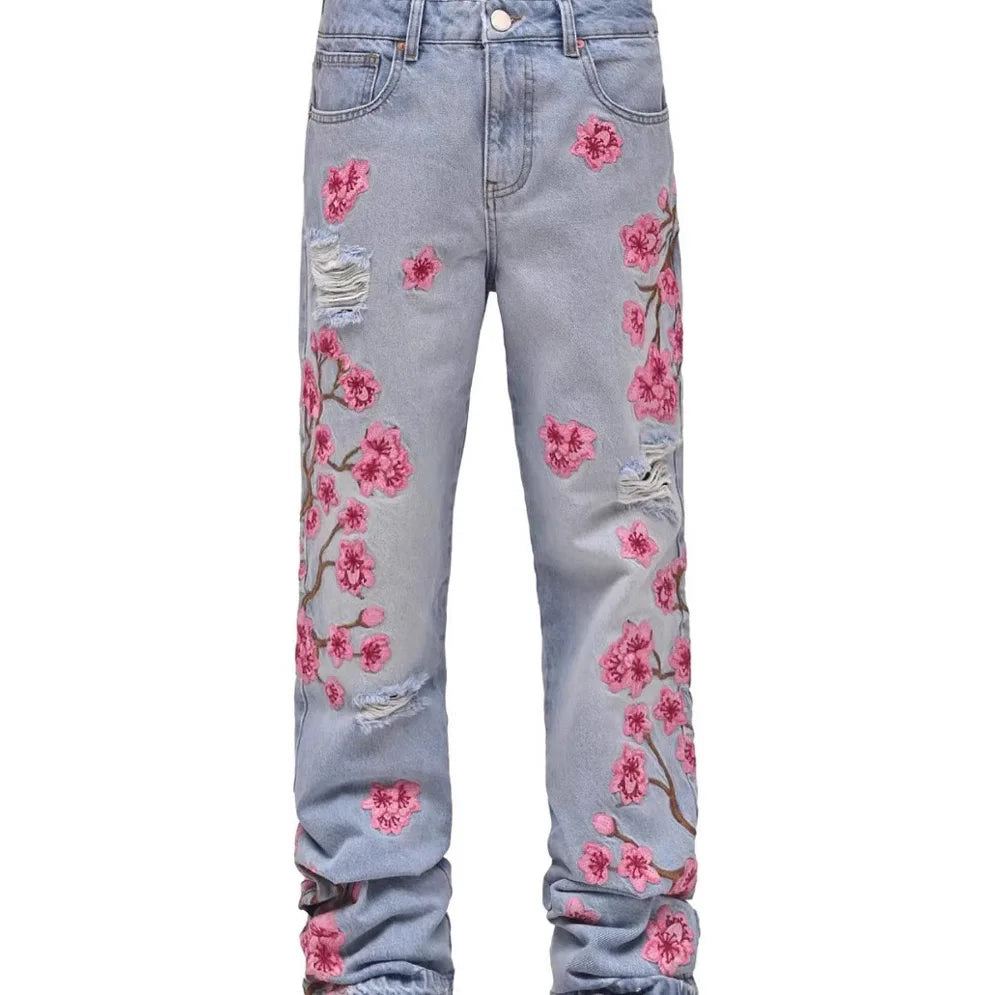 European And American New Designer Jeans For Men Ripped Holes Floral  Denim Pants