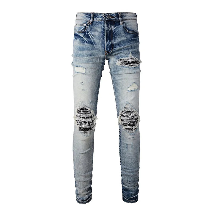 Jeans Streetwear High Stretch Denim Pants Holes Ripped Patchwork Skinny Tapered Trousers