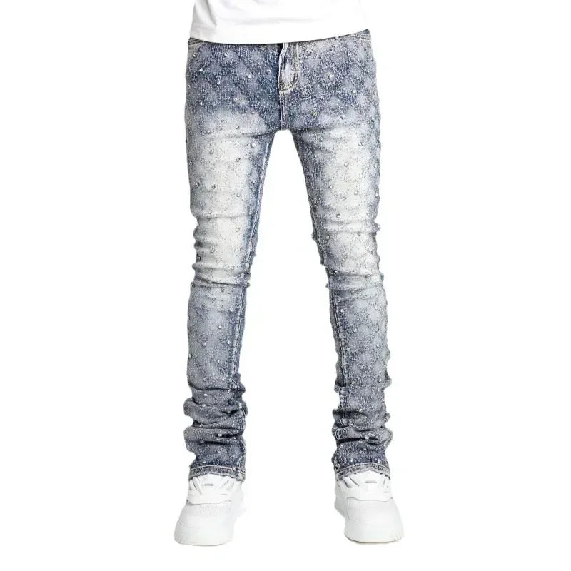Designer Jeans for Men Slim Fit Stretchy Pearls Denim