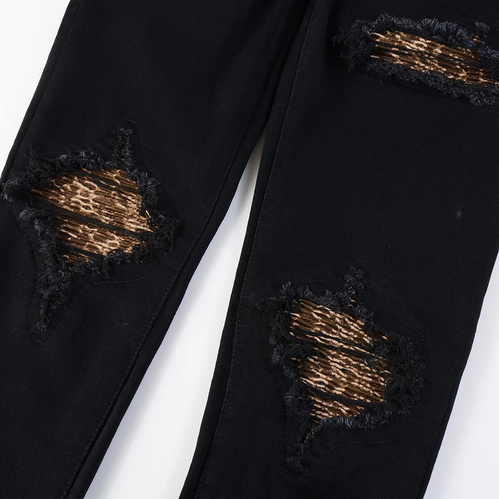 Men Leopard Print Patch Jeans Streetwear Black Stretch Denim Skinny Tapered Trousers