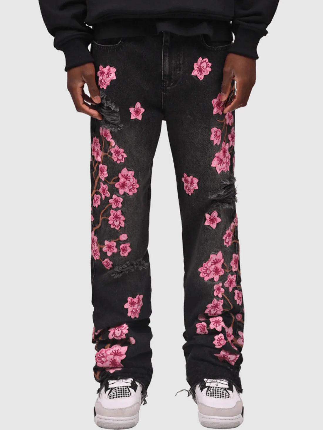 European And American New Designer Jeans For Men Ripped Holes Floral  Denim Pants