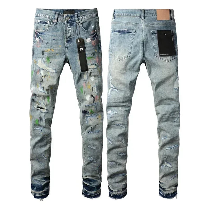 Purples jeans Men blue skinny hold denim trousers jeans