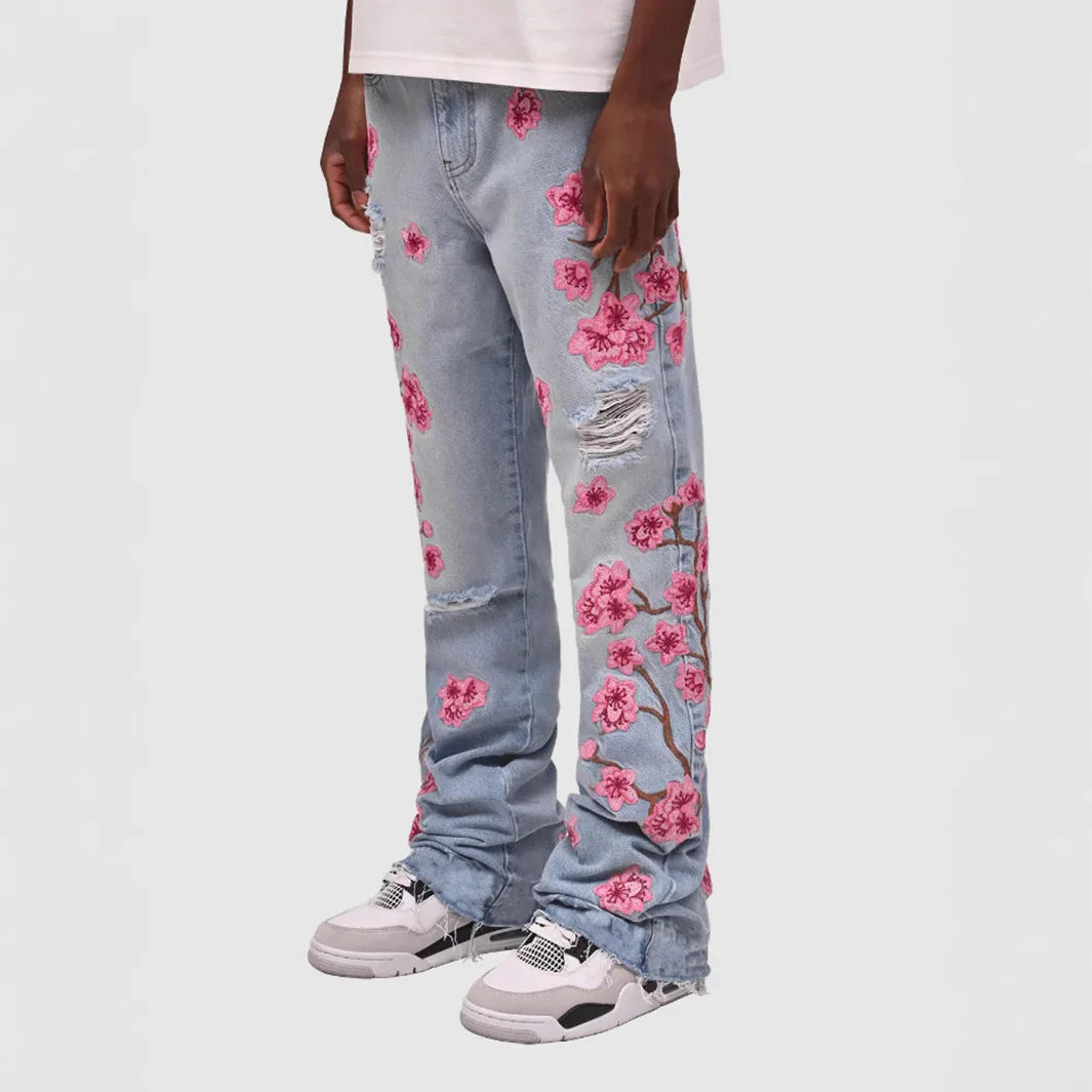 European And American New Designer Jeans For Men Ripped Holes Floral  Denim Pants