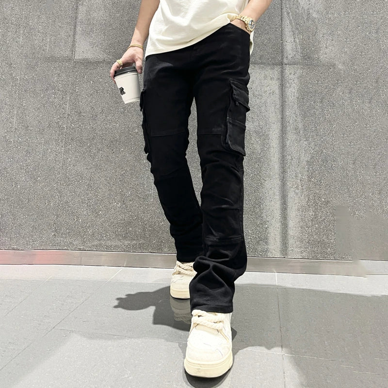 Smart Black Cargo Jeans Men Slim Fitting Straight Baggy Pants Side Pocket