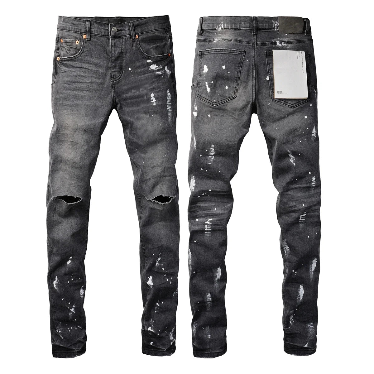 New Purples Jeans Men High Street Distressed Ripped Grey Paint Repair Low Rise Stretch Skinny Jeans