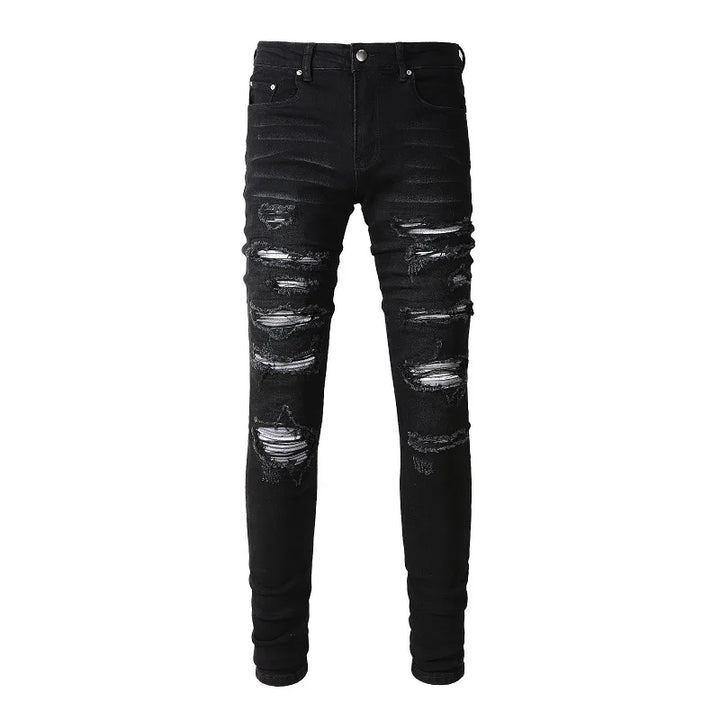 Men Jeans Streetwear Skinny Tapered Stretch Denim Pants Ripped Patchwork Black Trousers