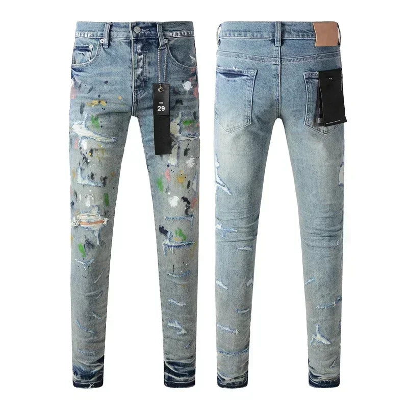 Purples jeans Men blue skinny hold denim trousers jeans