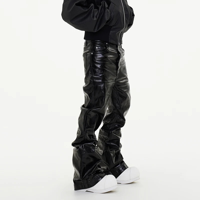 New Spring Men's Jeans Loose Wide Leg Coating Glossy Patent Leather