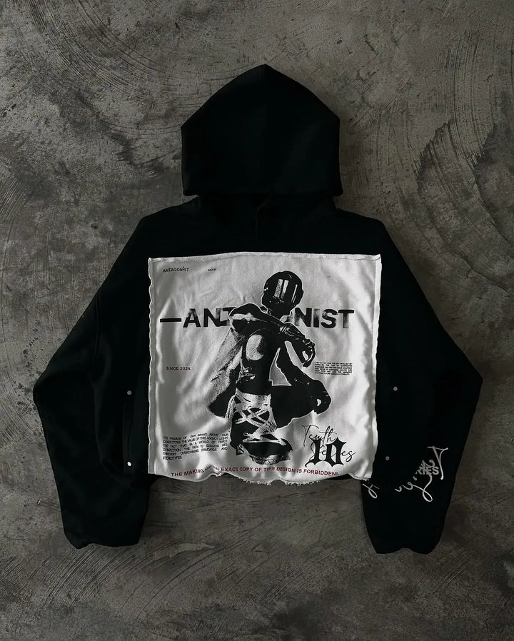 Hip Hop Streetwear Y2k Hoodies Oversized Retro Patch Design Black Pullover Sweatshirt Men And Women