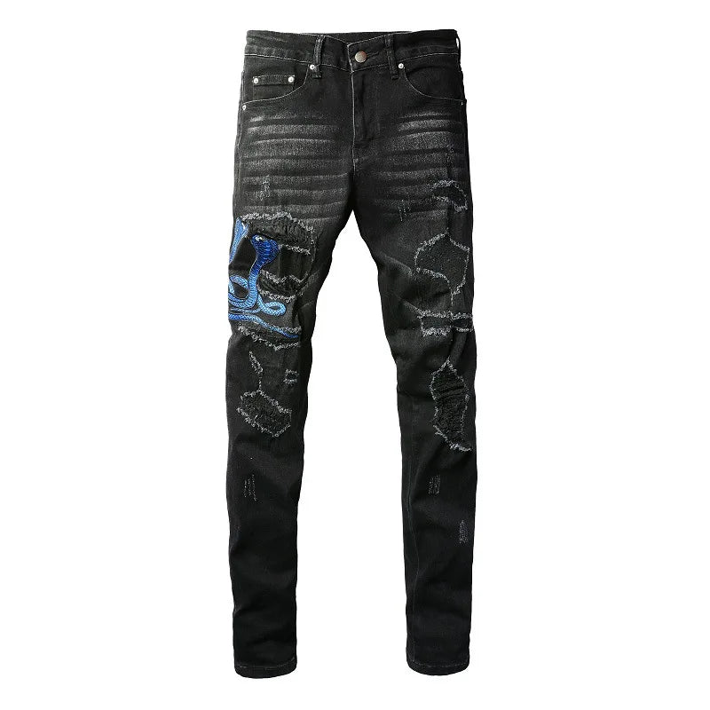 Men Snake Amiri Jeans Streetwear Leather Denim Skinny Pants