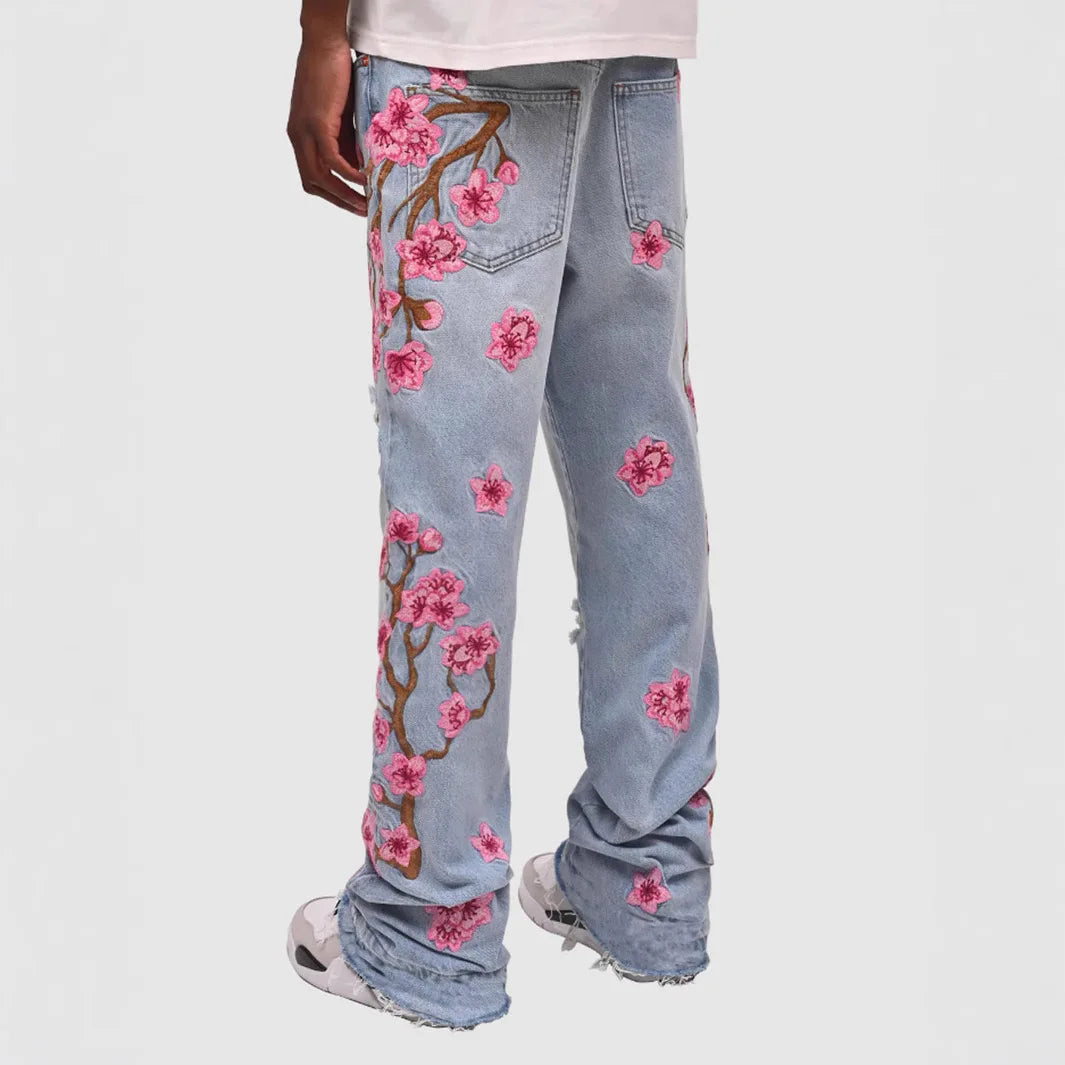 European And American New Designer Jeans For Men Ripped Holes Floral  Denim Pants