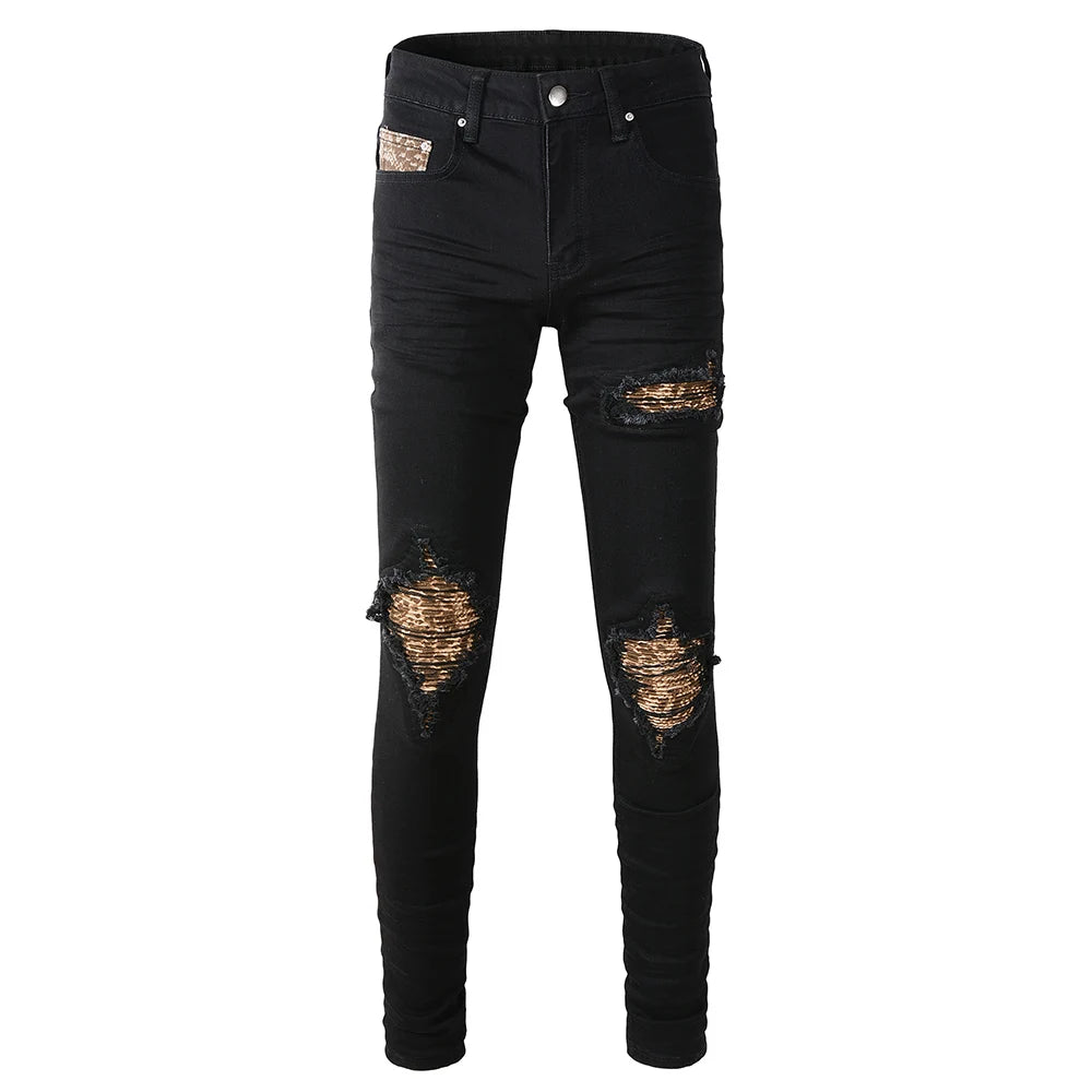 Men Leopard Print Patch Jeans Streetwear Black Stretch Denim Skinny Tapered Trousers