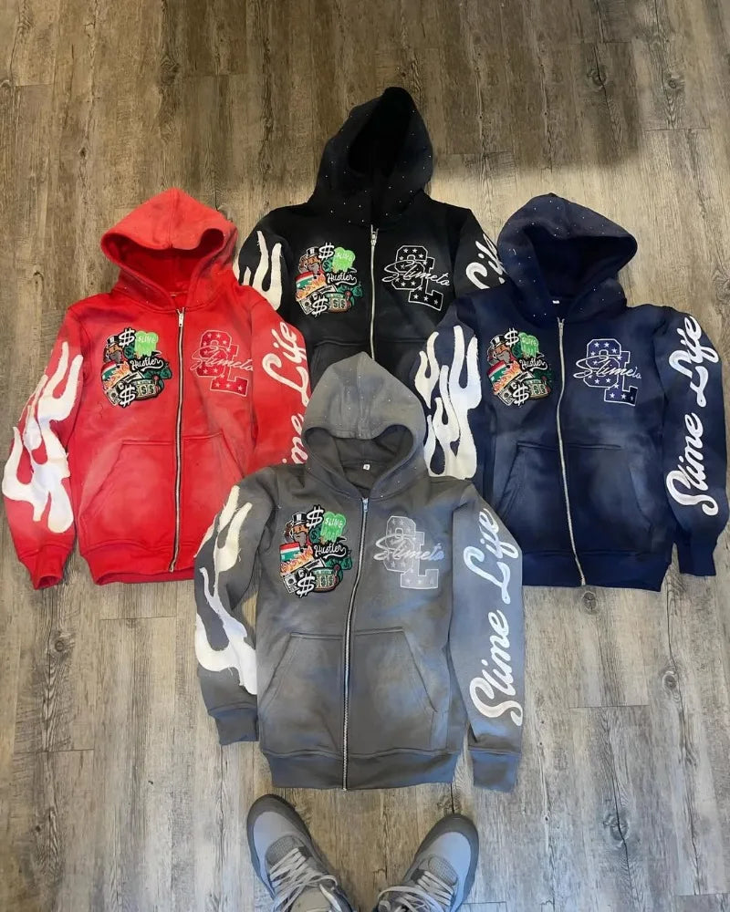 Casual Loose Oversized Zipper Hoodie Men Y2k Gothic Retro Sweatshirt Jacket Women