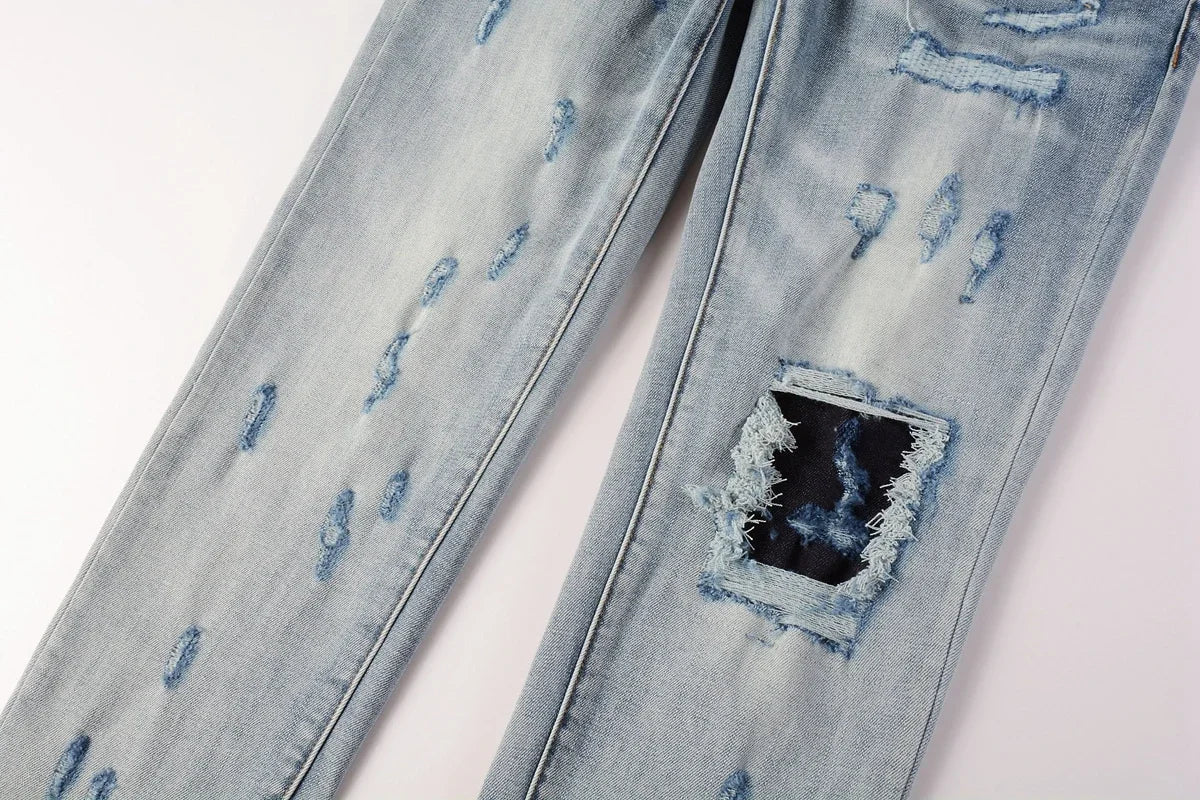 Purples Jeans American High Street Blue Ripped Patch Light 9038 Pants