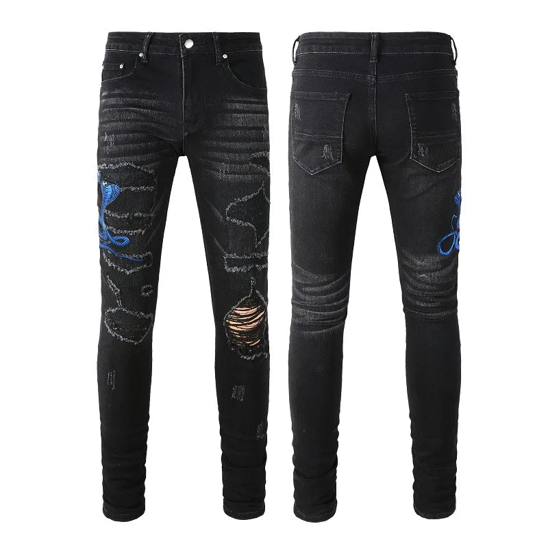 Men Snake Amiri Jeans Streetwear Leather Denim Skinny Pants
