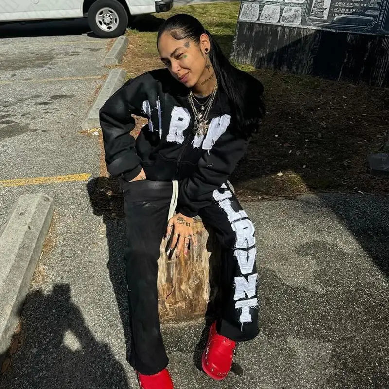 Y2K Sweatshirt Streetwear Hoodies Clothes EMO Girl Hip Hop Zip Up Hoodie Punk Gothic Trousers