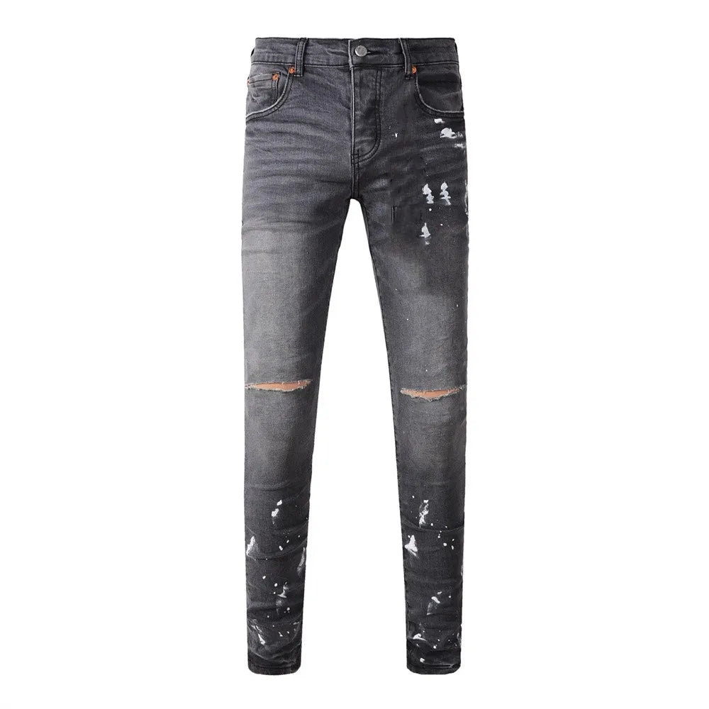 New Purples Jeans Men High Street Distressed Ripped Grey Paint Repair Low Rise Stretch Skinny Jeans