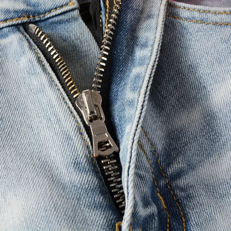 High Street Jeans Patch Hand-worn Holes Slim Skinny Jeans for Men