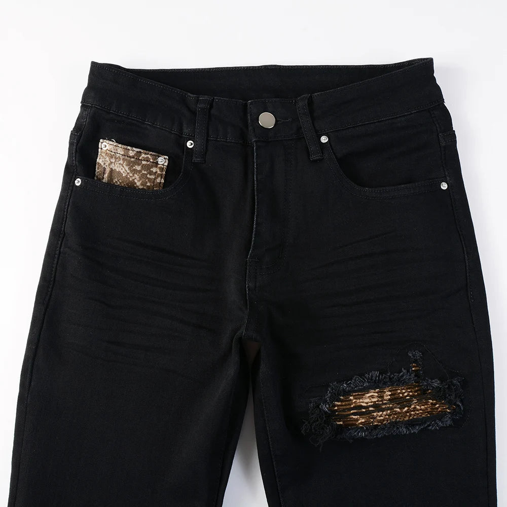 Men Leopard Print Patch Jeans Streetwear Black Stretch Denim Skinny Tapered Trousers