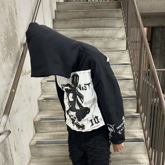 Hip Hop Streetwear Y2k Hoodies Oversized Retro Patch Design Black Pullover Sweatshirt Men And Women