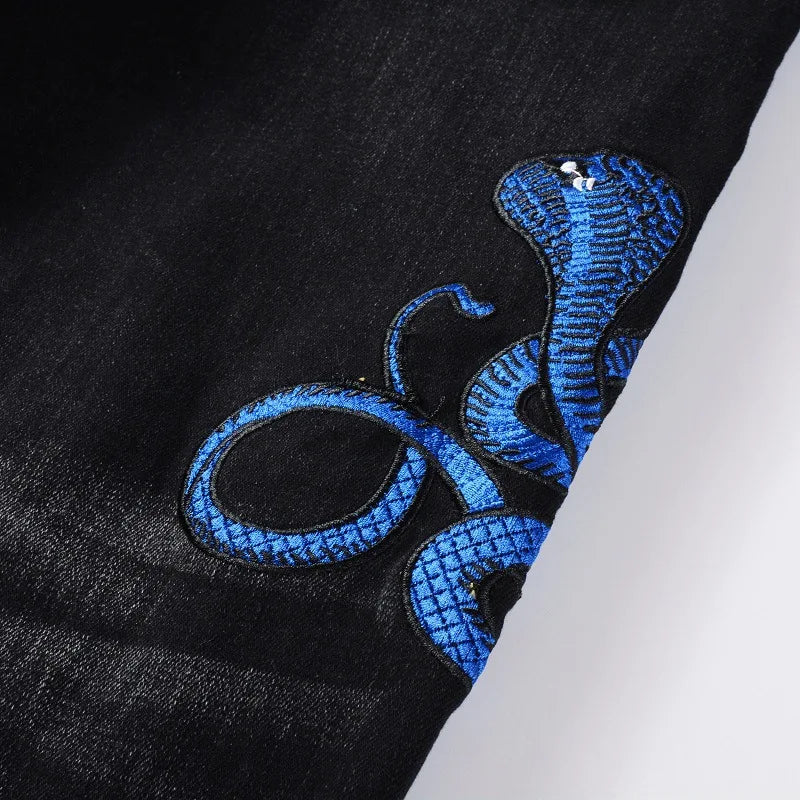 Men Snake Amiri Jeans Streetwear Leather Denim Skinny Pants