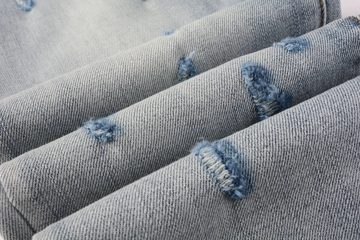 Purples Jeans American High Street Blue Ripped Patch Light 9038 Pants