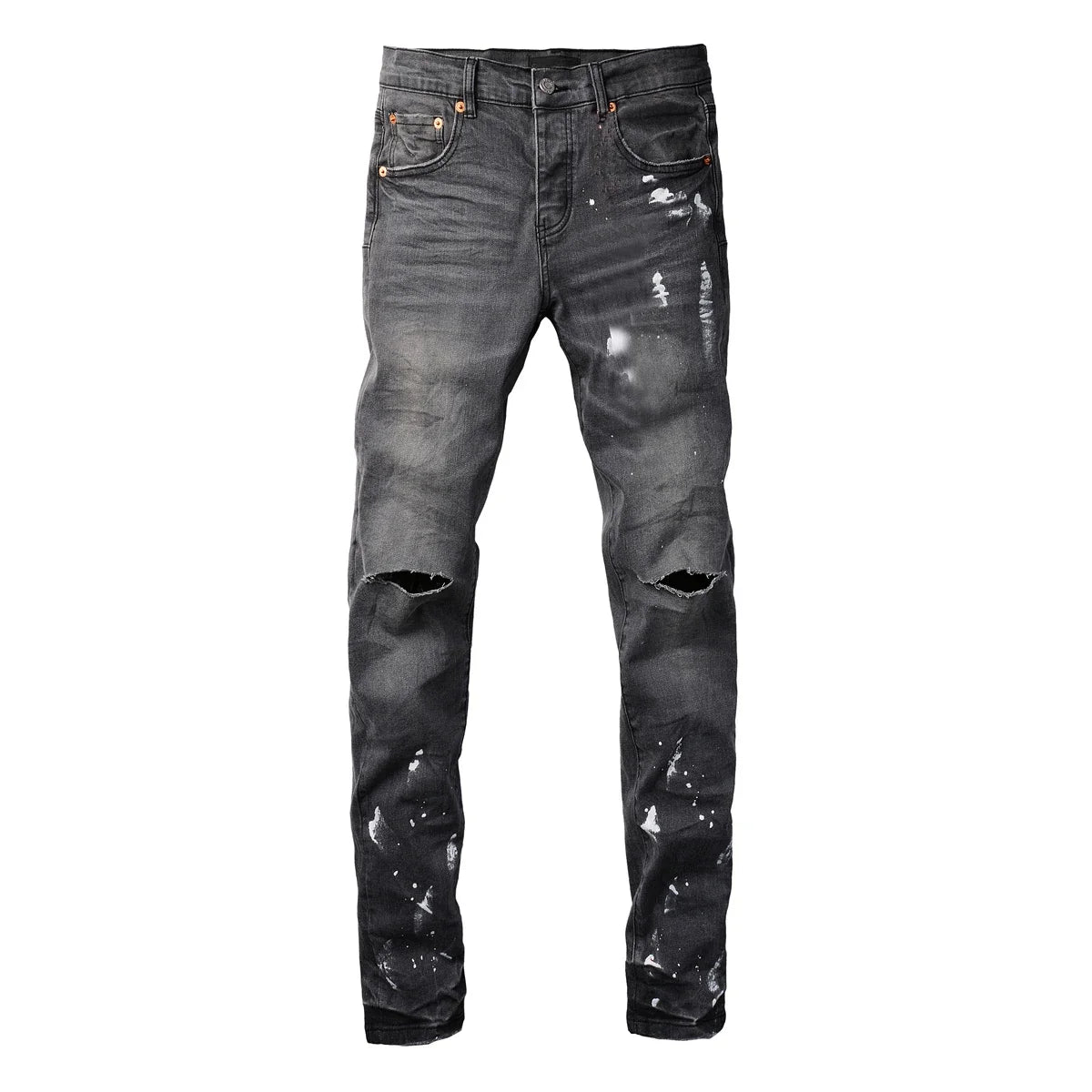 New Purples Jeans Men High Street Distressed Ripped Grey Paint Repair Low Rise Stretch Skinny Jeans