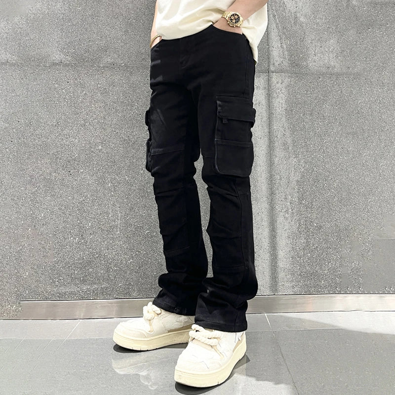 Smart Black Cargo Jeans Men Slim Fitting Straight Baggy Pants Side Pocket