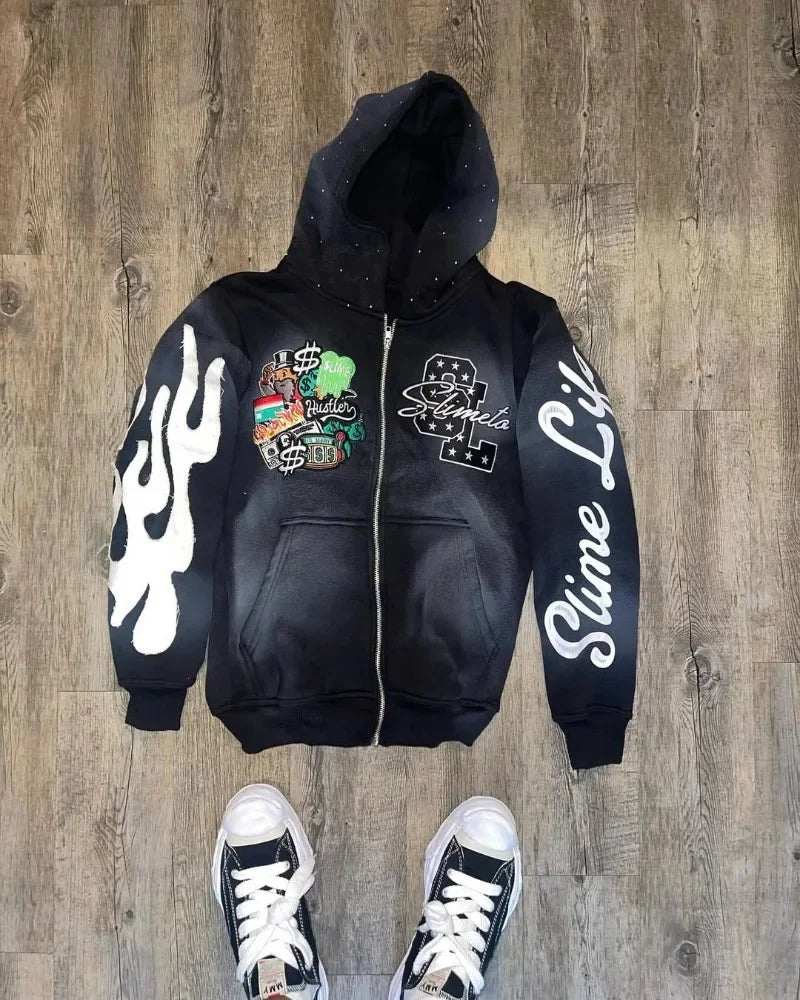 Casual Loose Oversized Zipper Hoodie Men Y2k Gothic Retro Sweatshirt Jacket Women