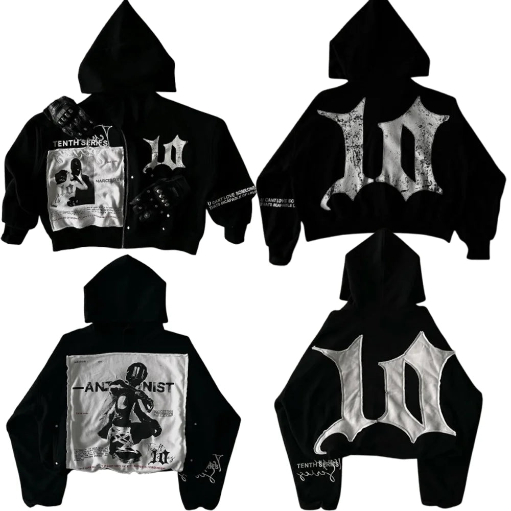 Retro Patchwork Hoodie Mens Hip Hop Oversized Hoodie Sweatshirt Casual Jacket