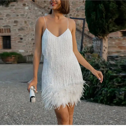 "Dazzling Allure: 2024 New Sexy Tassel Sequins Feather Mini Dress - Spaghetti Strap Stitching for an Elegant Evening at the Party Club"