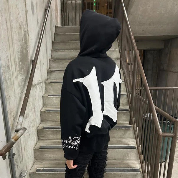 Hip Hop Streetwear Y2k Hoodies Oversized Retro Patch Design Black Pullover Sweatshirt Men And Women