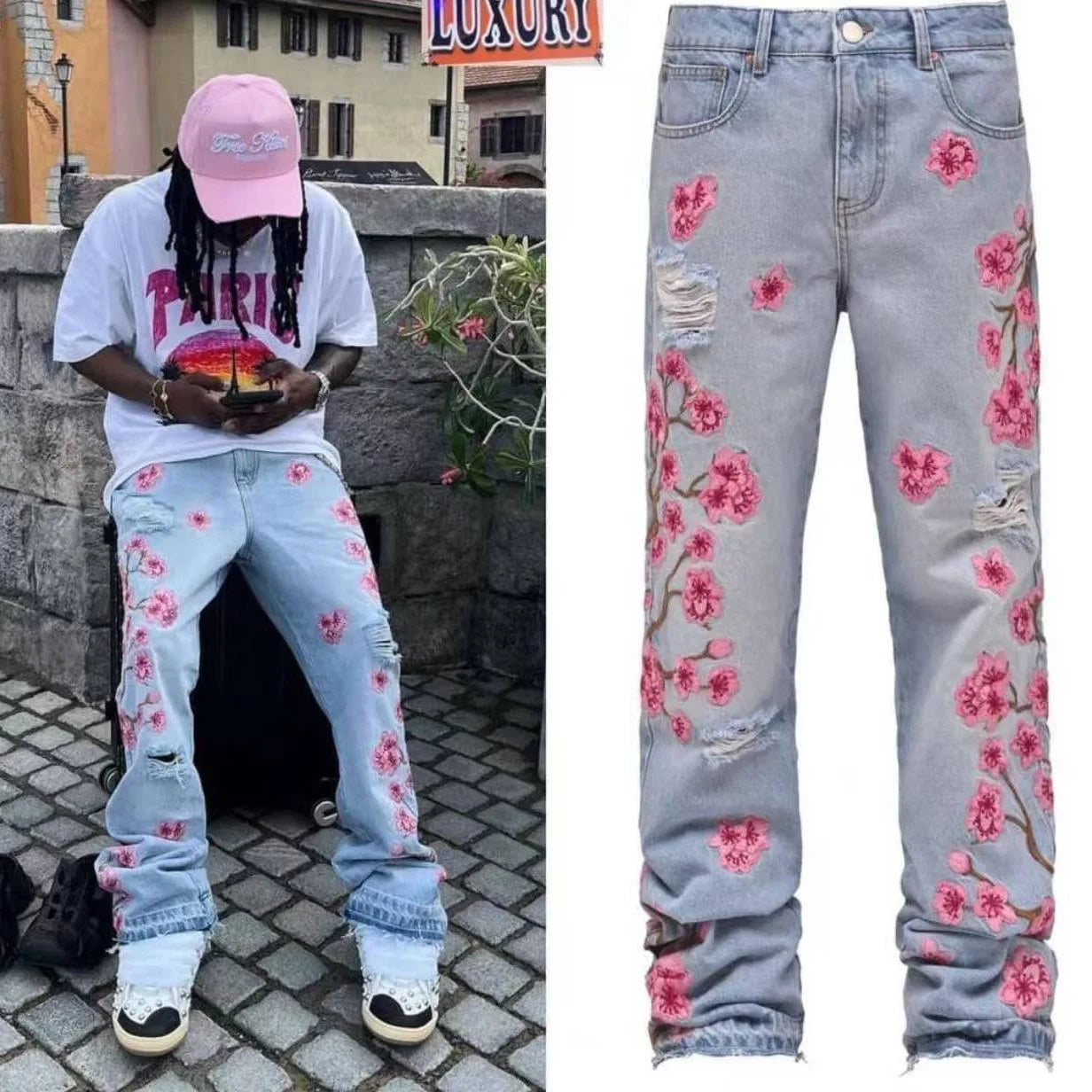 European And American New Designer Jeans For Men Ripped Holes Floral  Denim Pants