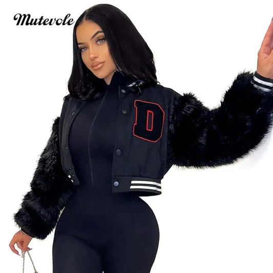 "Chic Versatility: Mutevole Baseball Jacket with Fur Fluffy Long Sleeves, Letter Print, Button Patchwork – Your Stylish Fall Bomber Crop Top"