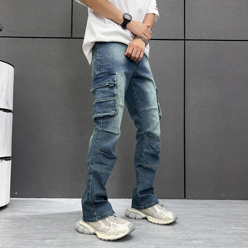 Smart Black Cargo Jeans Men Slim Fitting Straight Baggy Pants Side Pocket