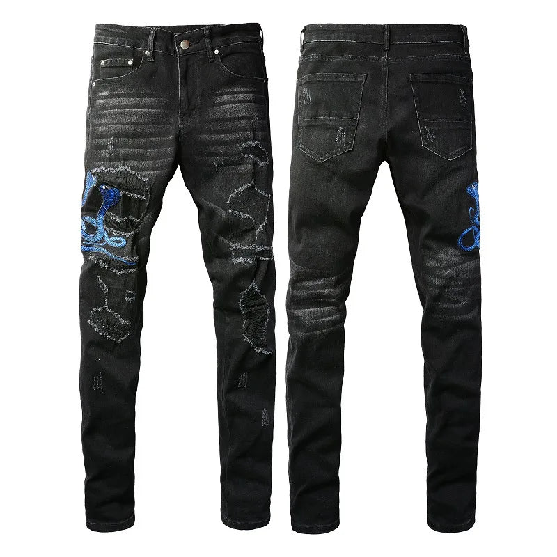Men Snake Amiri Jeans Streetwear Leather Denim Skinny Pants