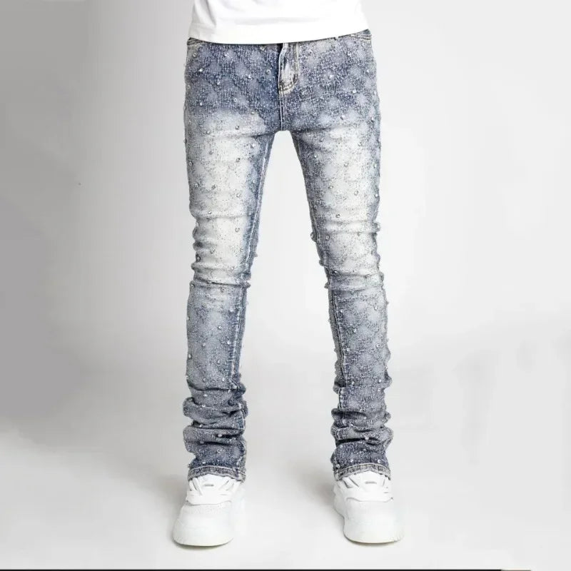 Designer Jeans for Men Slim Fit Stretchy Pearls Denim