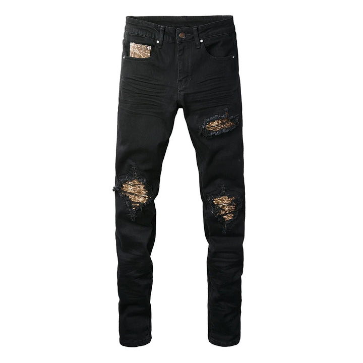 Men Leopard Print Patch Jeans Streetwear Black Stretch Denim Skinny Tapered Trousers