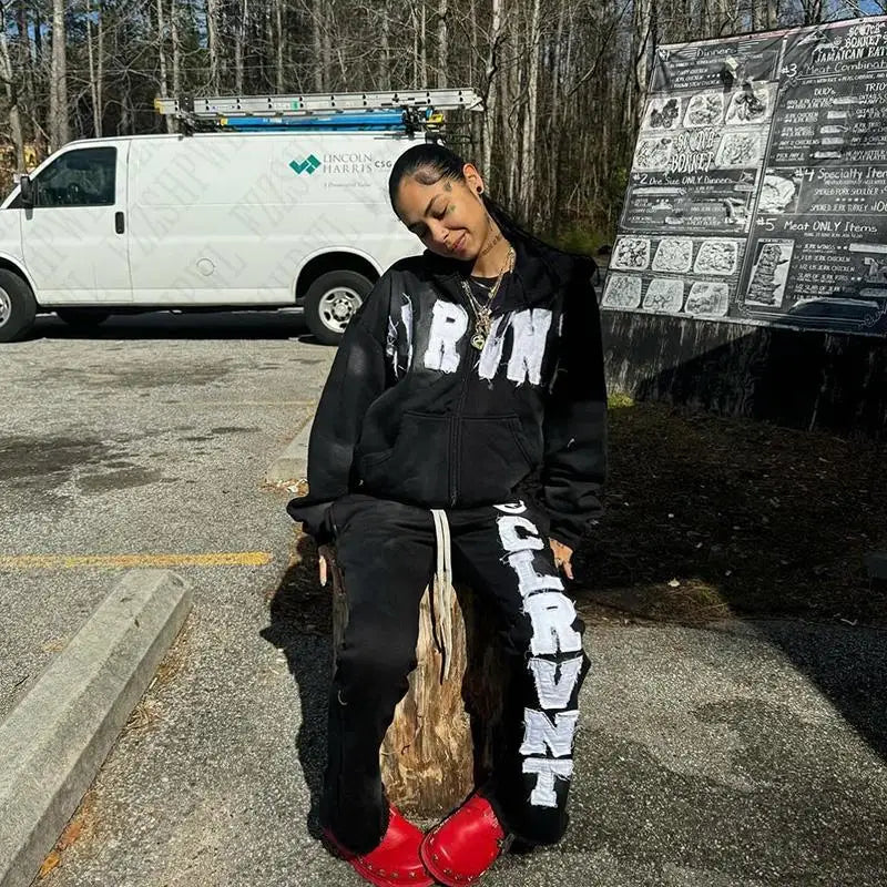 Y2K Sweatshirt Streetwear Hoodies Clothes EMO Girl Hip Hop Zip Up Hoodie Punk Gothic Trousers