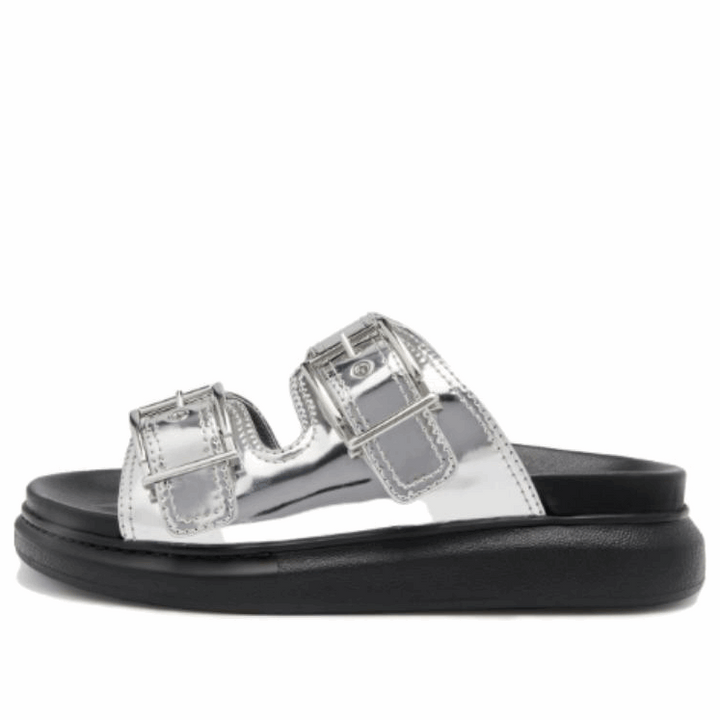 (WMNS) Alexander McQueen Gabine Buckled Leather Slides 'Silver Black' 783254W4WG18100 #