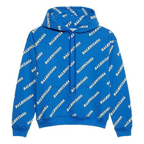 (WMNS) Balenciaga Full Print Alphabet Logo hooded Drawstring Hoodie Blue 612959TIV715011 #