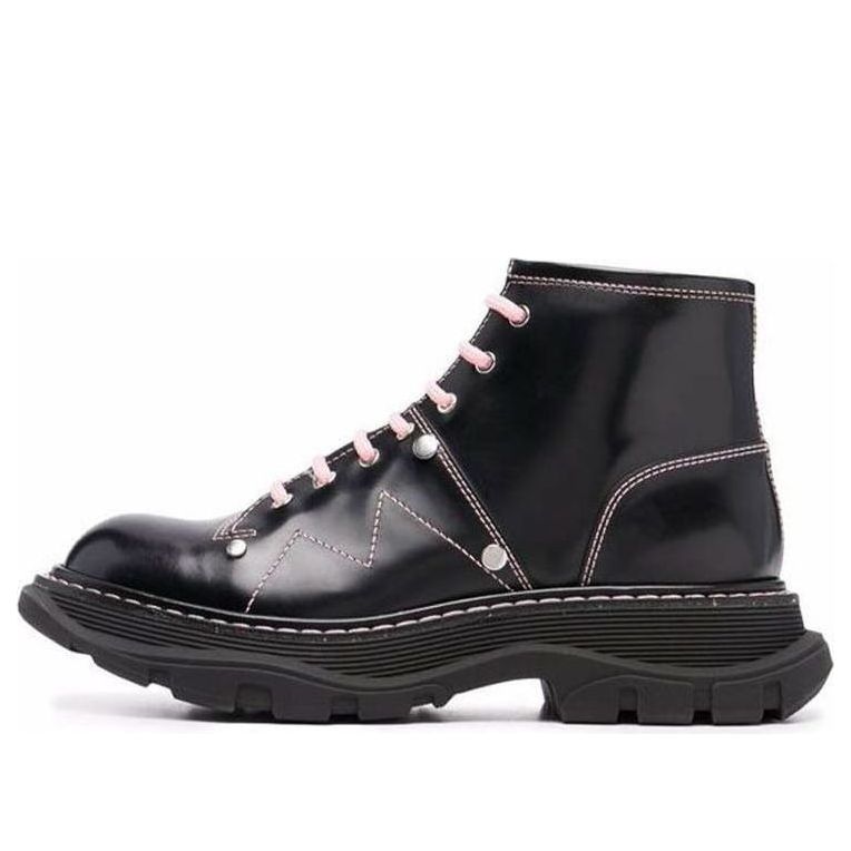(WMNS) Alexander McQueen Contrast Stitch Tread Lace Up Boots 'Black Pink' 595469WHZ881336 #