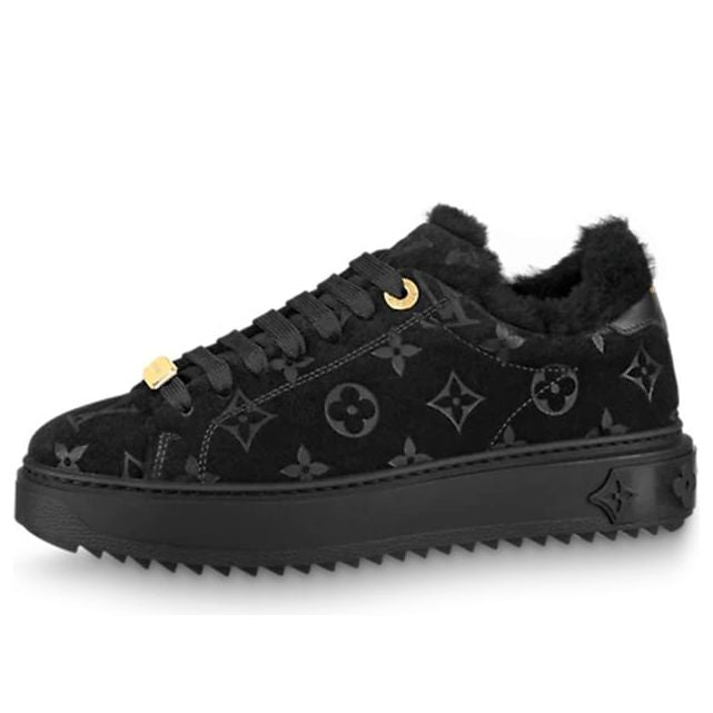LOUIS VUITTON Women Time Out Shearling Sneakers 'Black Monogram with Gold'