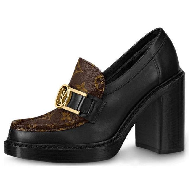 (WMNS) LOUIS VUITTON Academy Heeled Loafers 'Black with Brown Monogram' 1A86LV #.